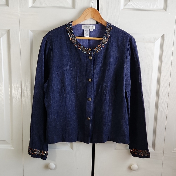 Chico's Jackets & Blazers - Coldwater Creek‎ Navy Blue Beaded Blazer Jacket Size LG Button Front Linen Blend